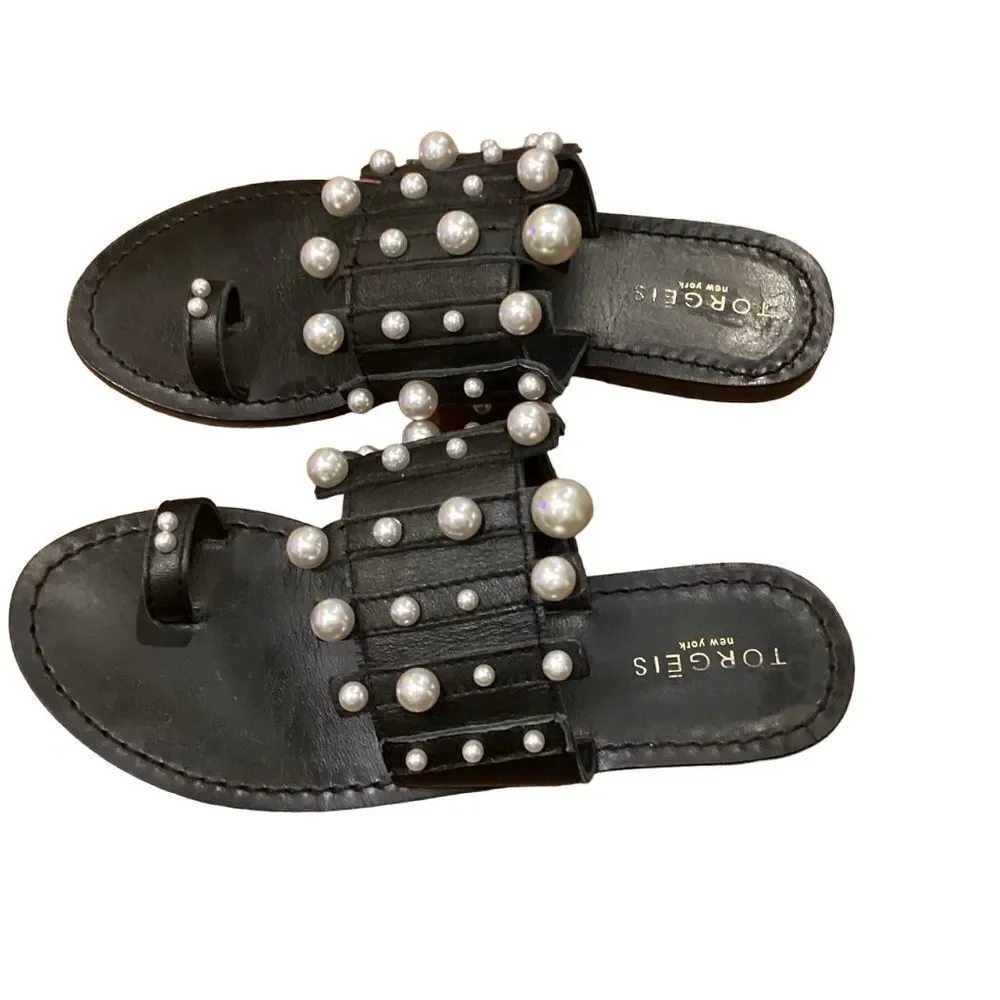 Torgeis Black Leather Flat Toe Ring Pearl Sandals 6.5
